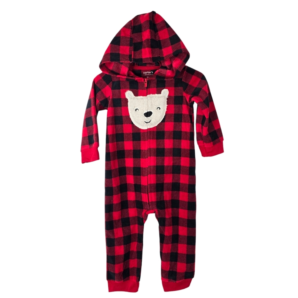 Carter’s Buffalo Plaid Fleece Coverall One Piece With Bear Size 18M